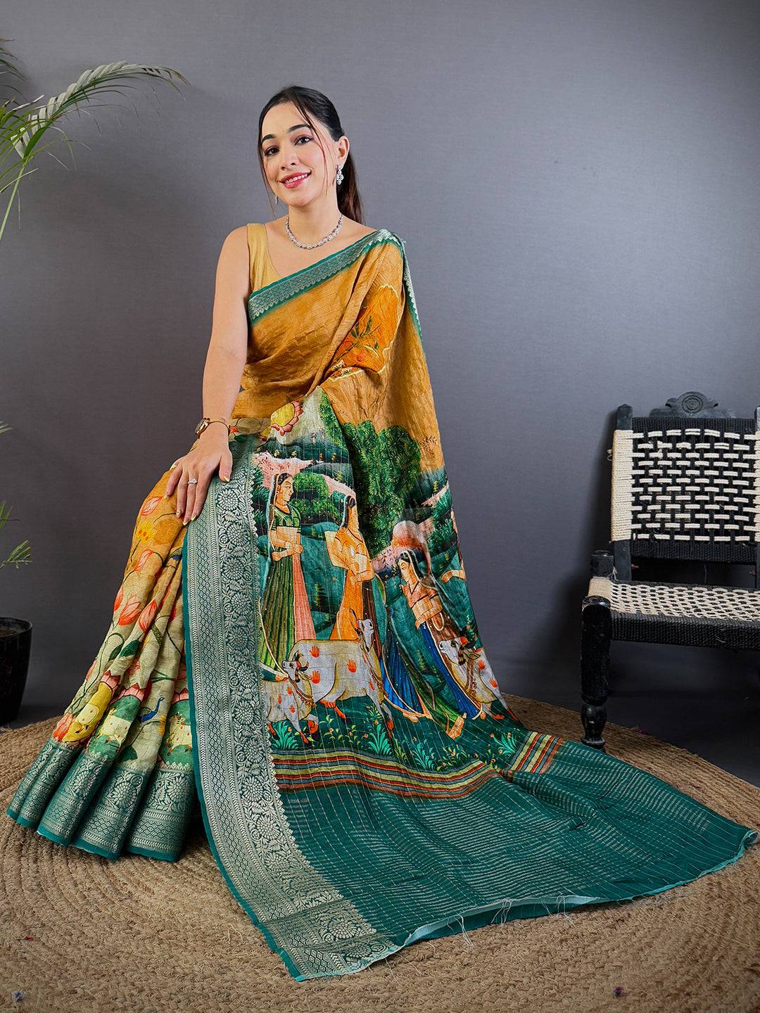 Mustard Viscose Pichwai Print Saree