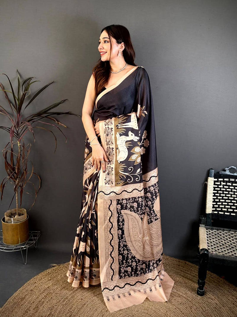 Royal Black Printed Soft Tussar Saree