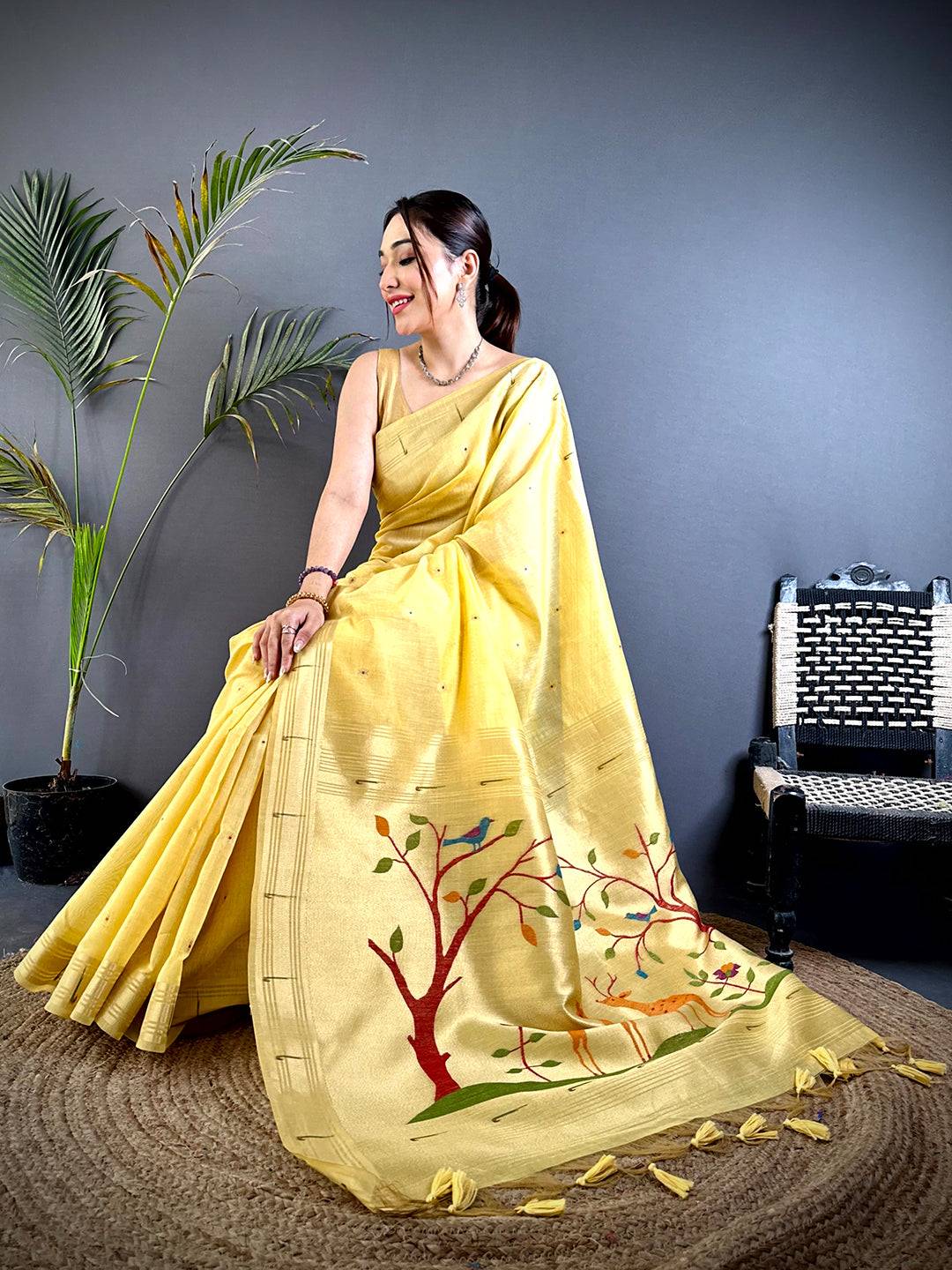 Yellow Minakari Paithani Khadi Linen Saree