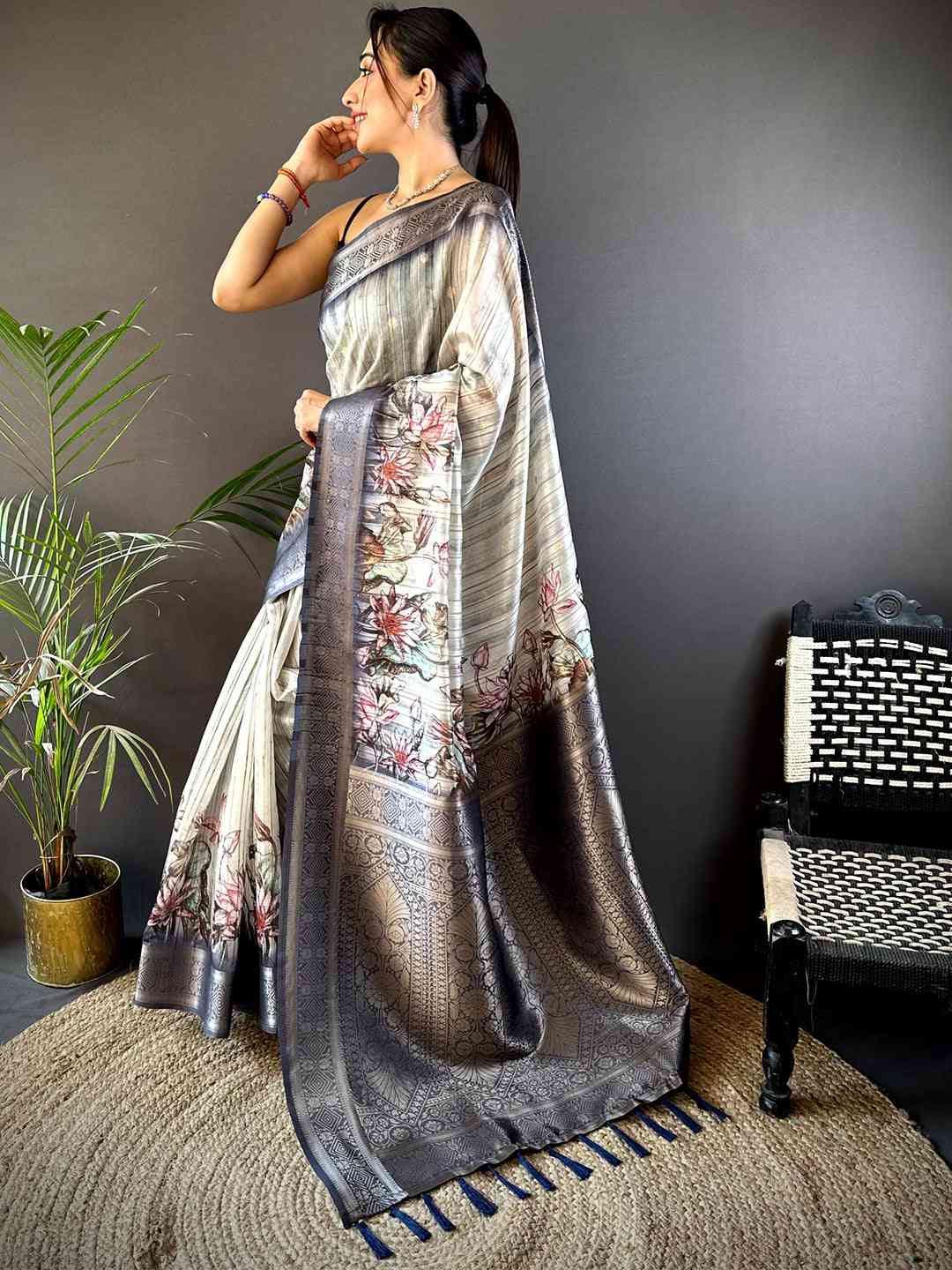Grey Ghicha Weave Floral Saree