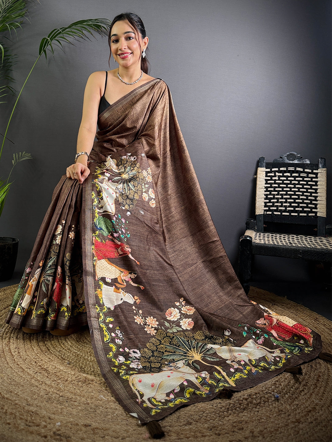 Coffee Brown Pichwai Print Tussar Silk Saree