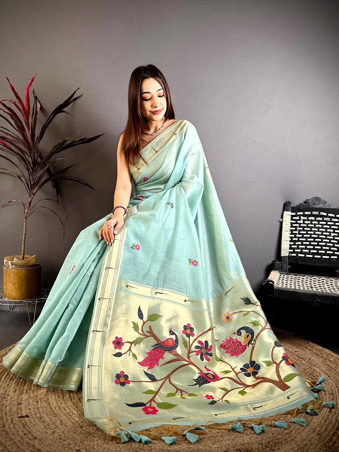 Sky Blue Sunflower Minakari Khadi Saree