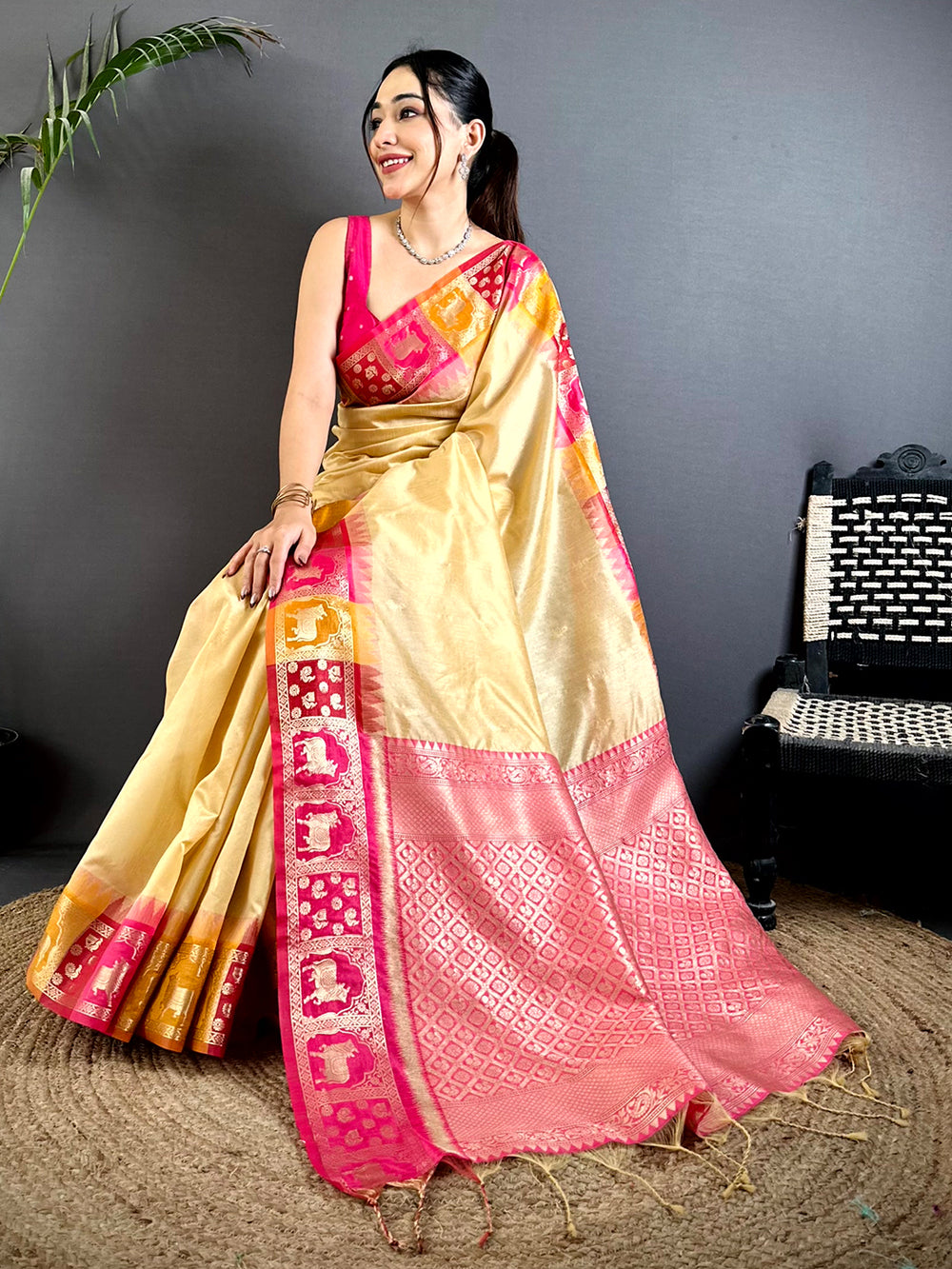 Cream Minakari Kanchi Pattu Raw Silk Saree