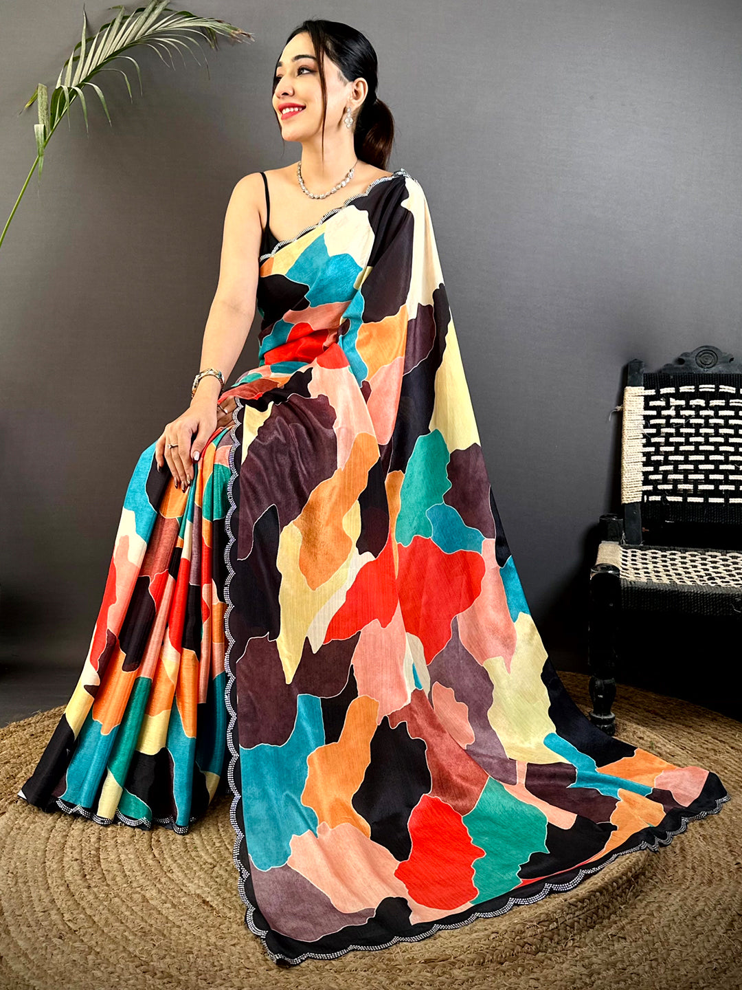 Opulent Freehand Abstract Chinnon Saree