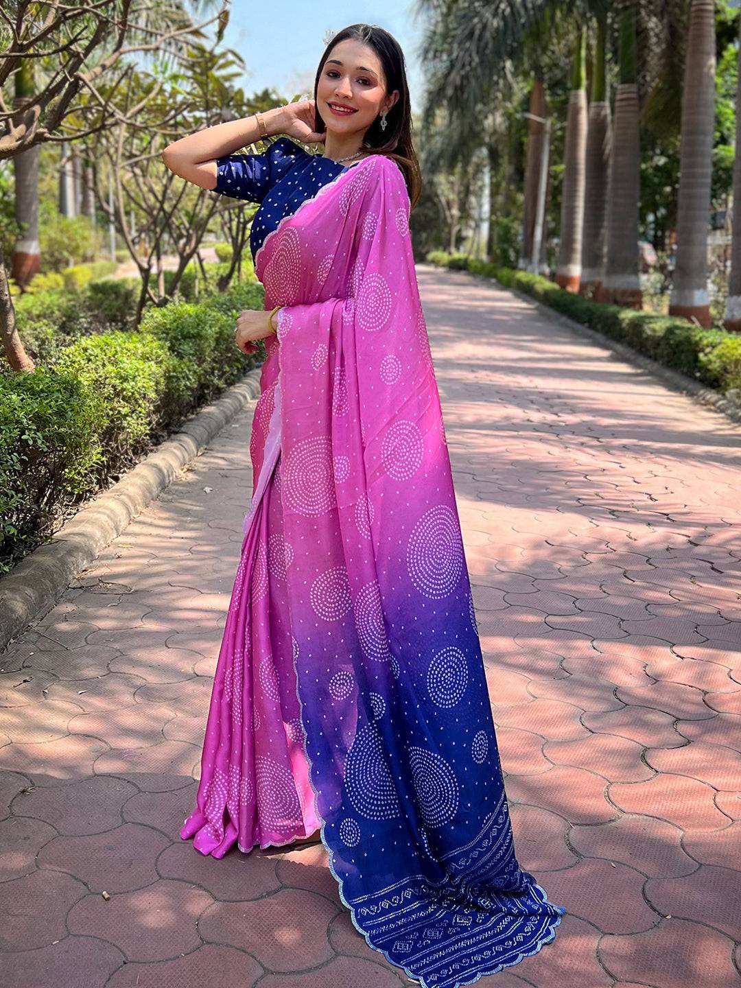 Georgette Silk Saree with Ombre Bandhej Print & Stone Work