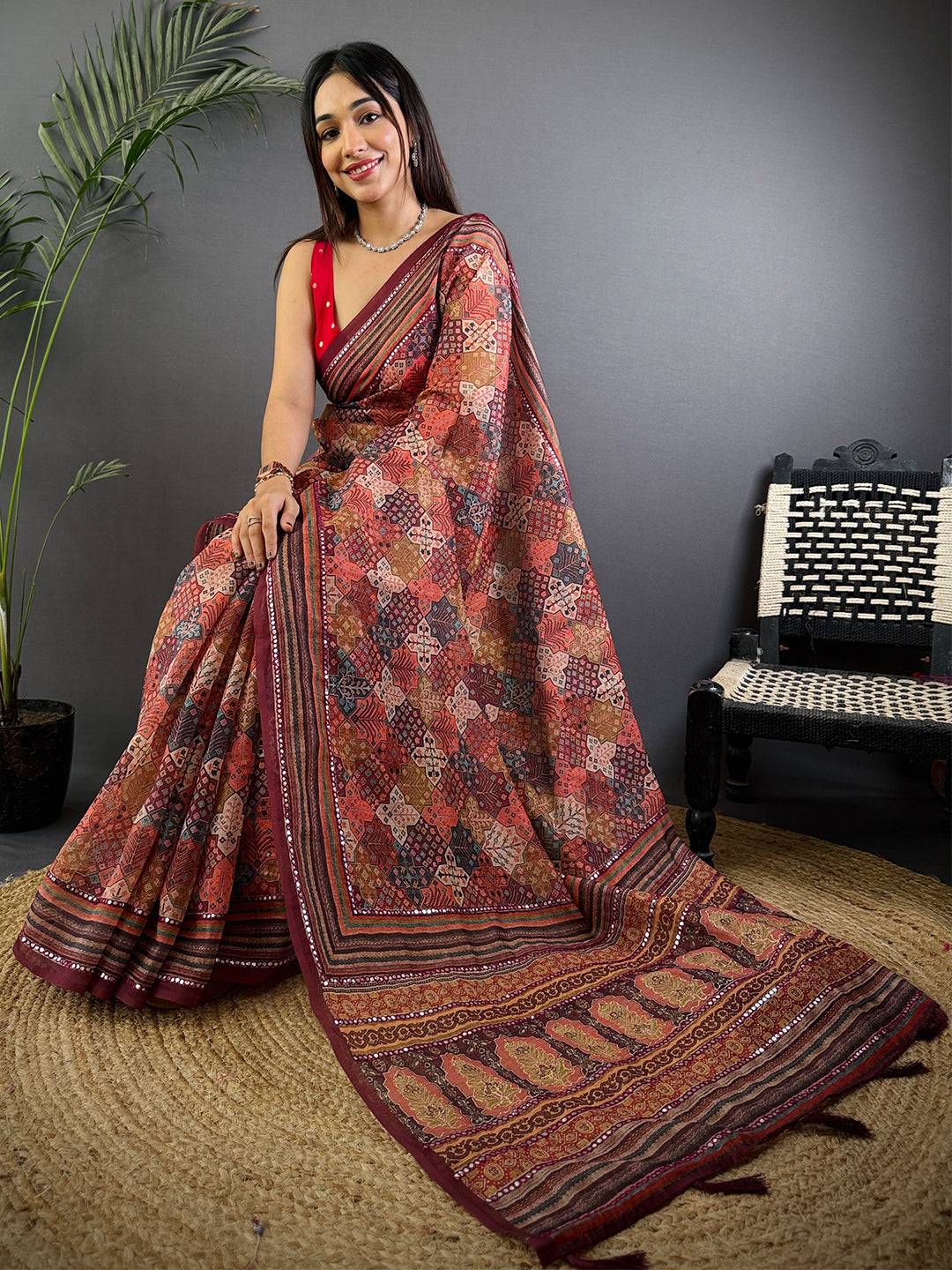 Rust Charm Mirror Work Silk Saree
