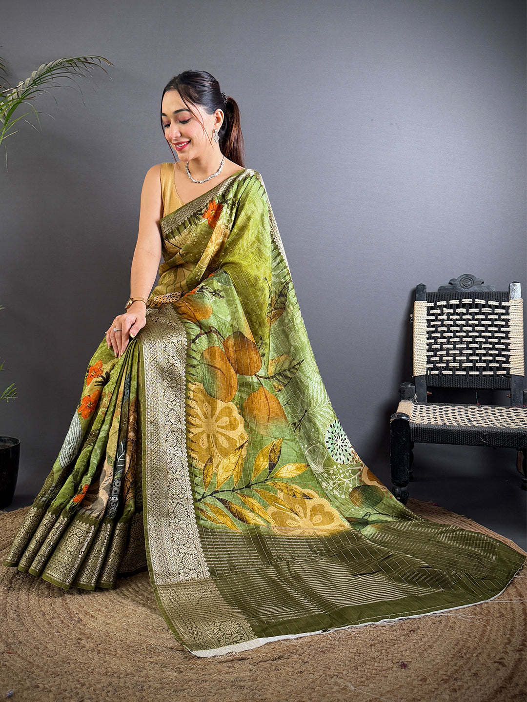 Serene Olive Floral Elegance Saree
