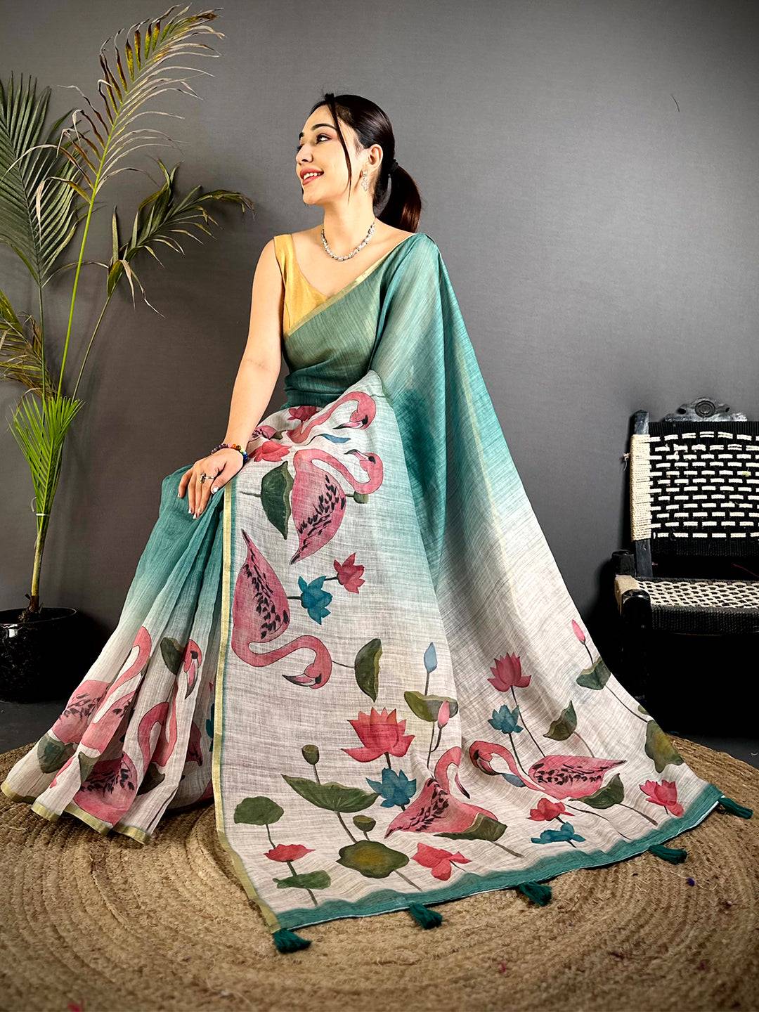 Rama Swan Gold Zari Linen Saree