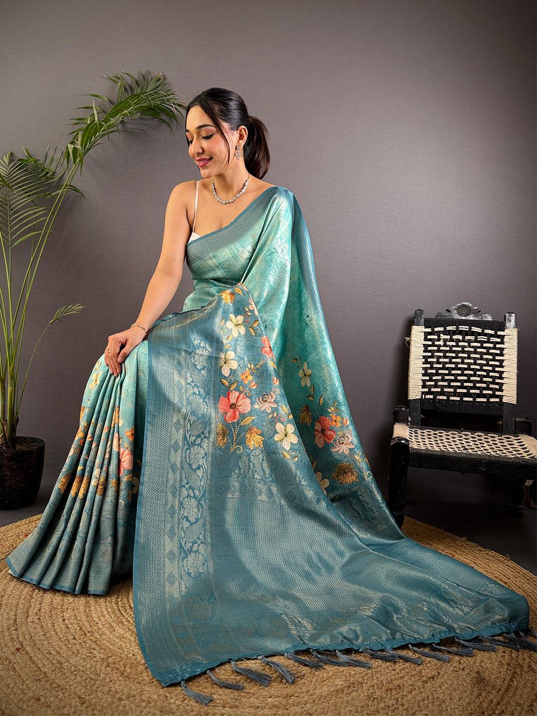 Denim Blue Kanjivaram Silk Digital Print Saree