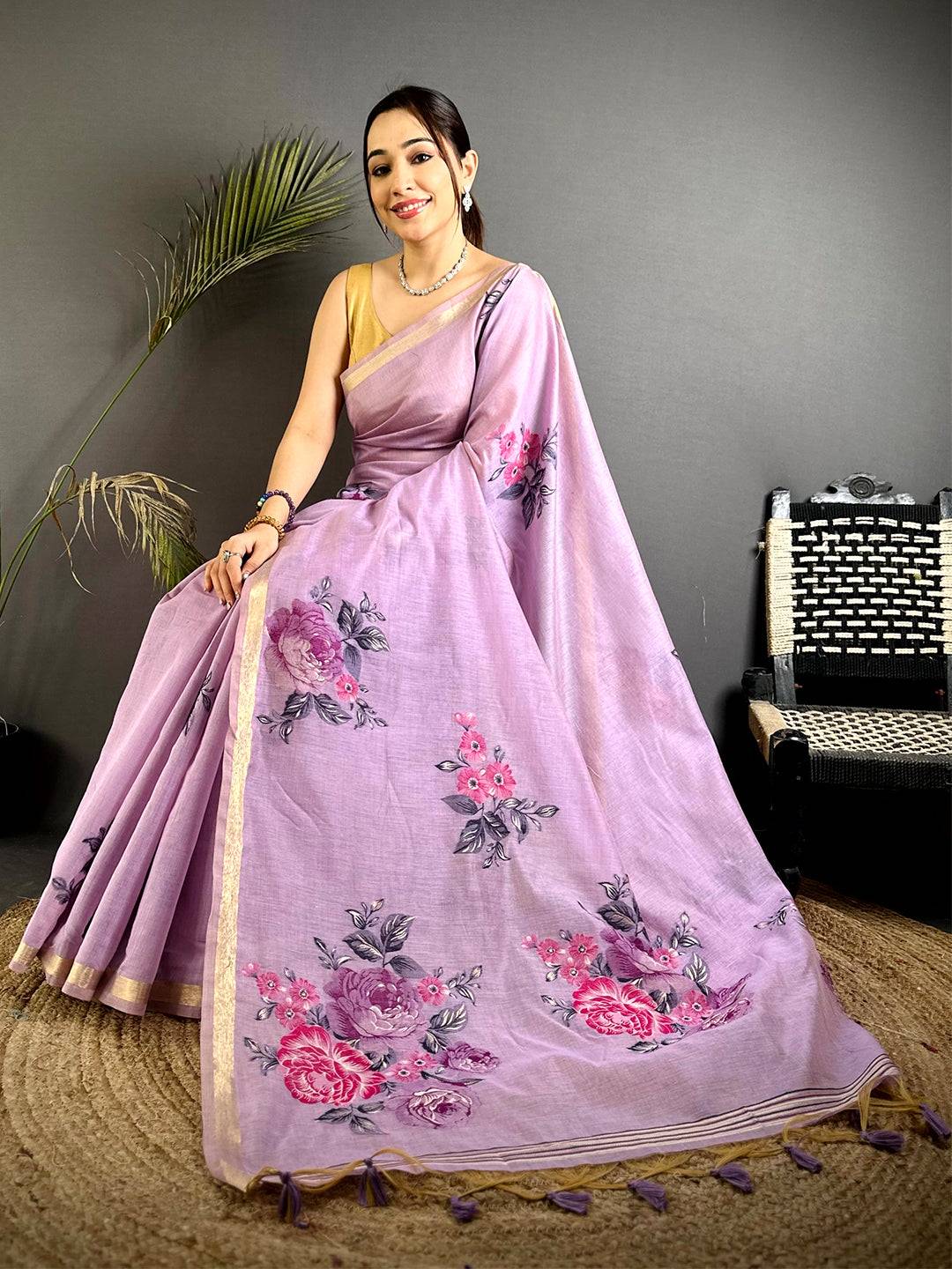 Heritage Floral Khadi Linen Zari Saree