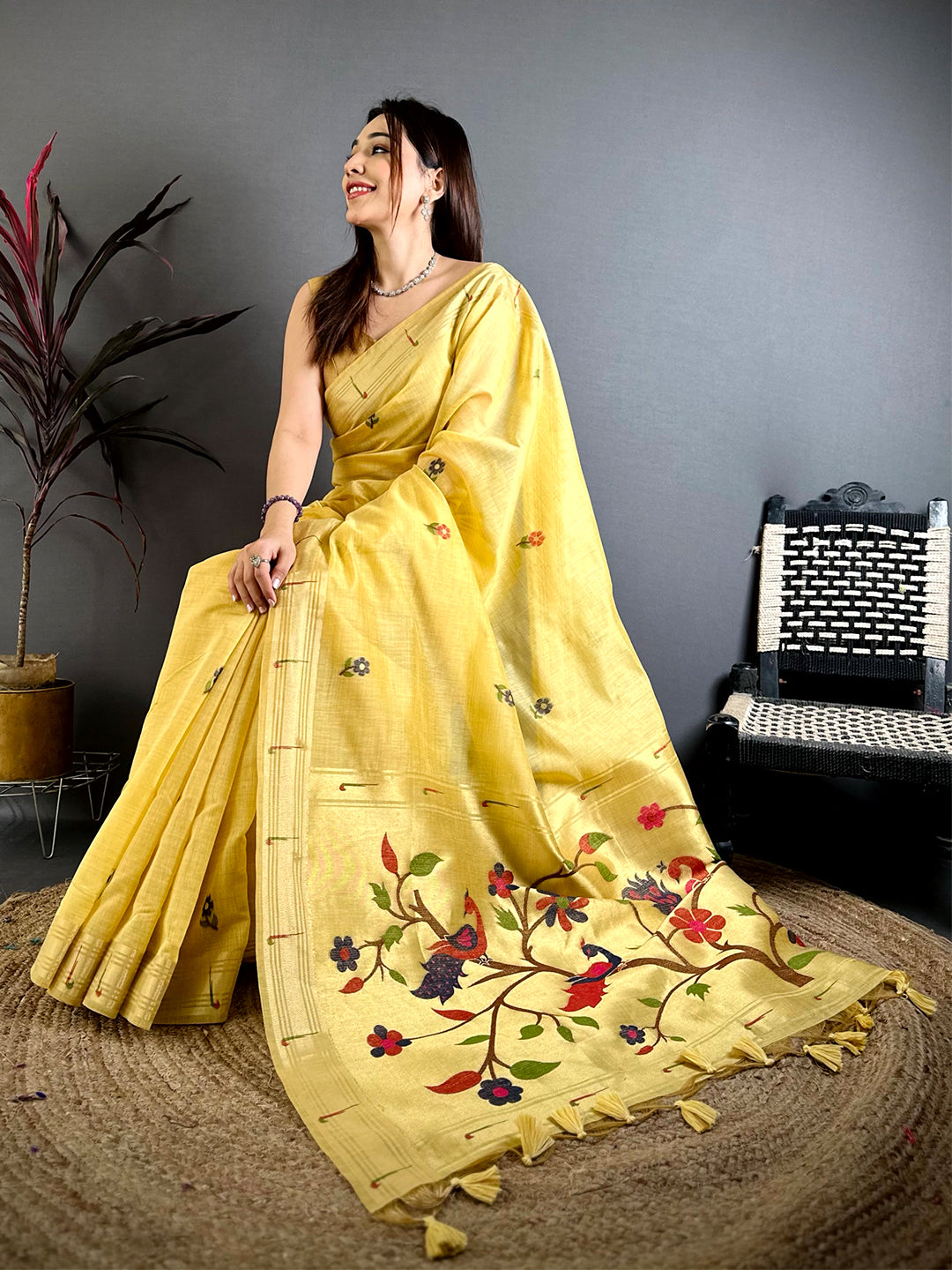 Yellow Sunflower Minakari Khadi Saree