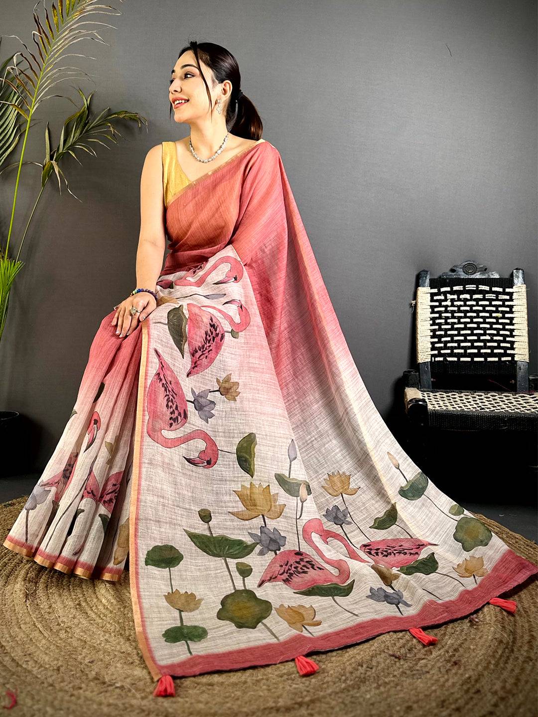 Pink Swan Gold Zari Linen Saree