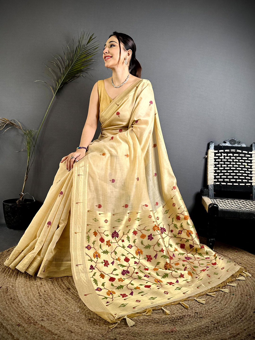 Cream Geometric Patola Khadi Linen Saree