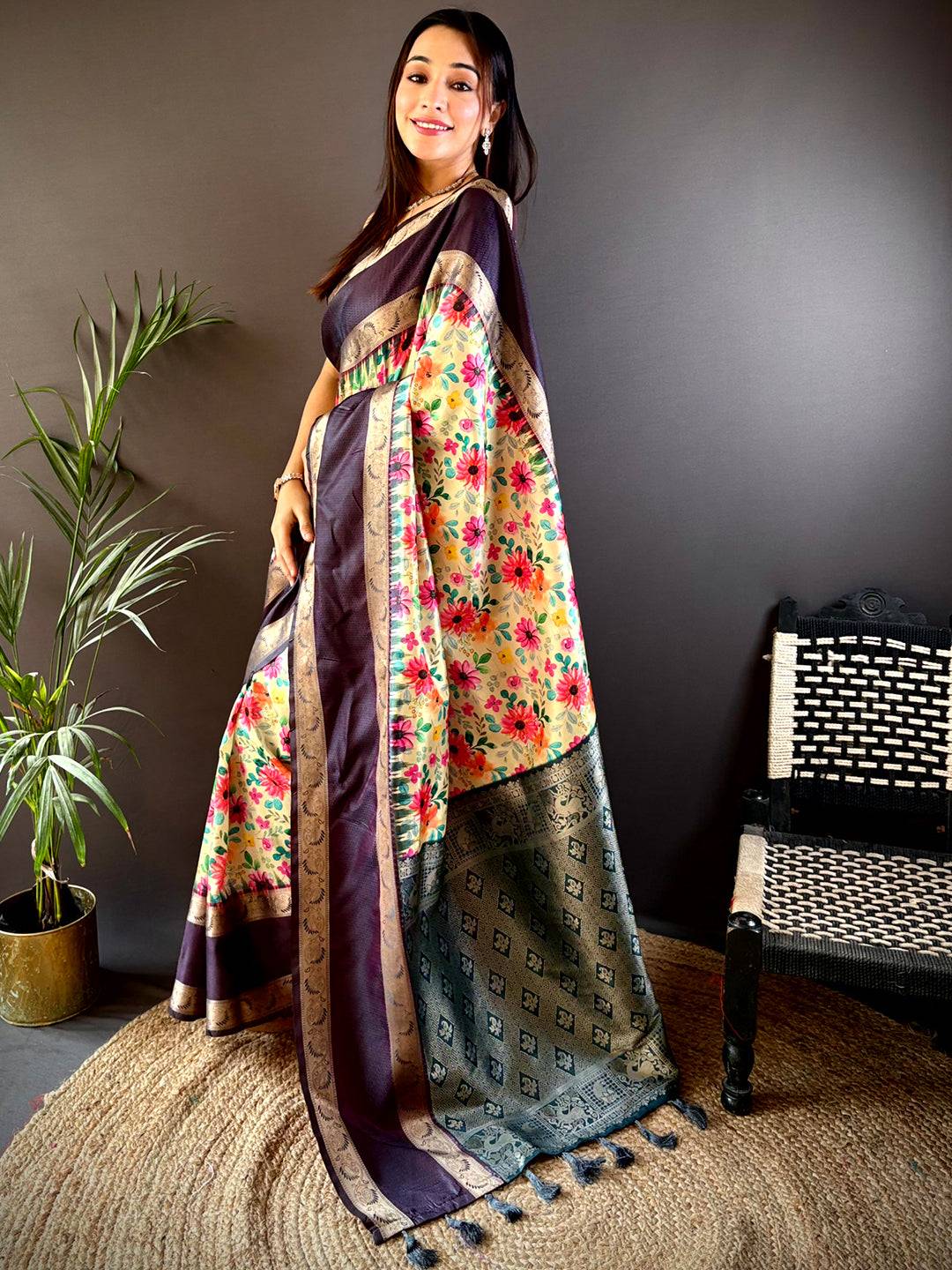 Stylish navy blue Banarasi saree showcasing floral and Pallu design