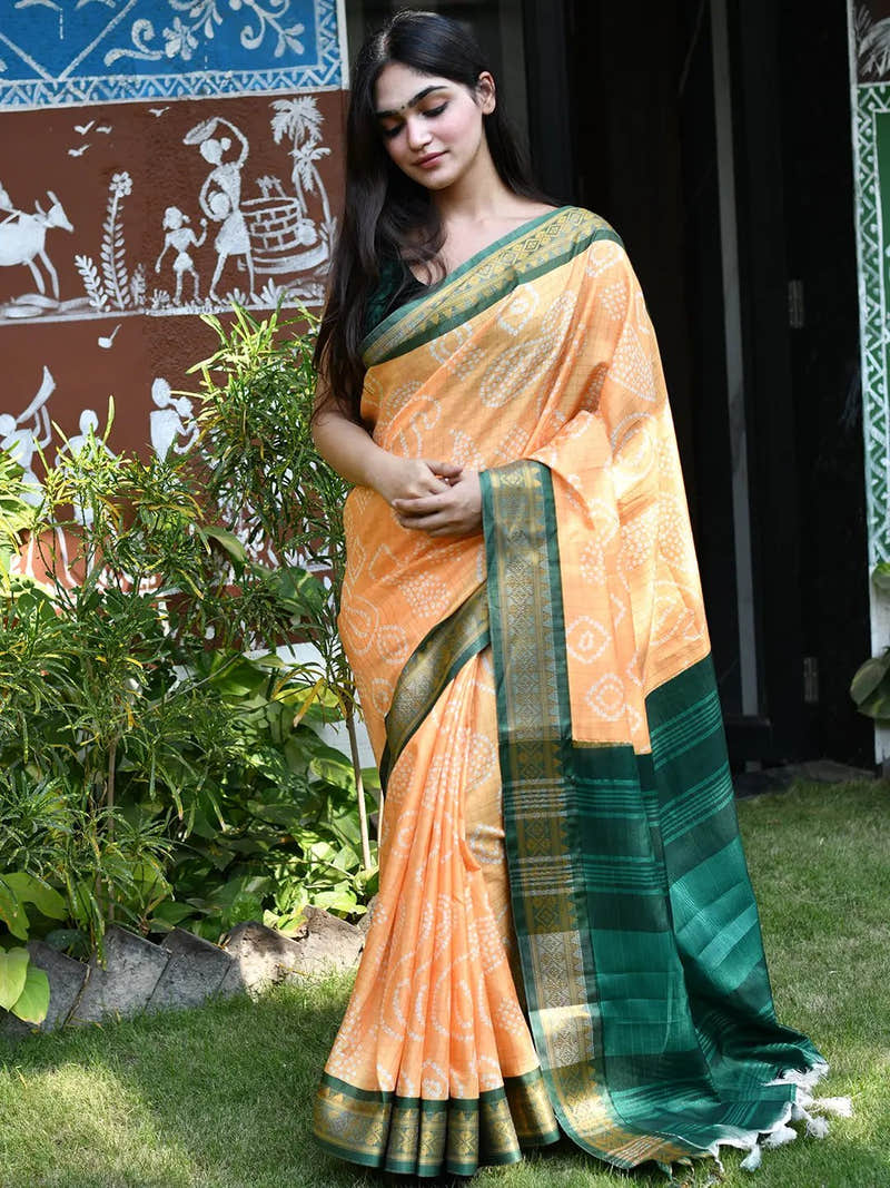 Peach Soft Silk Bandhej Print Saree with Green Kanjivaram Border