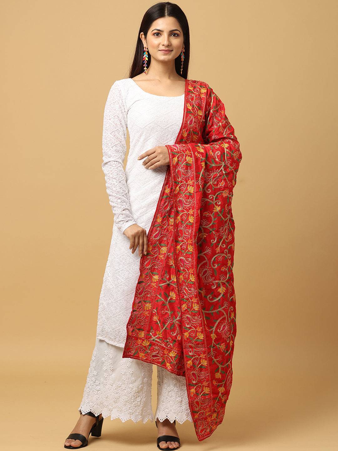 Front view of red poly chiffon pashmina dupatta with motifs.