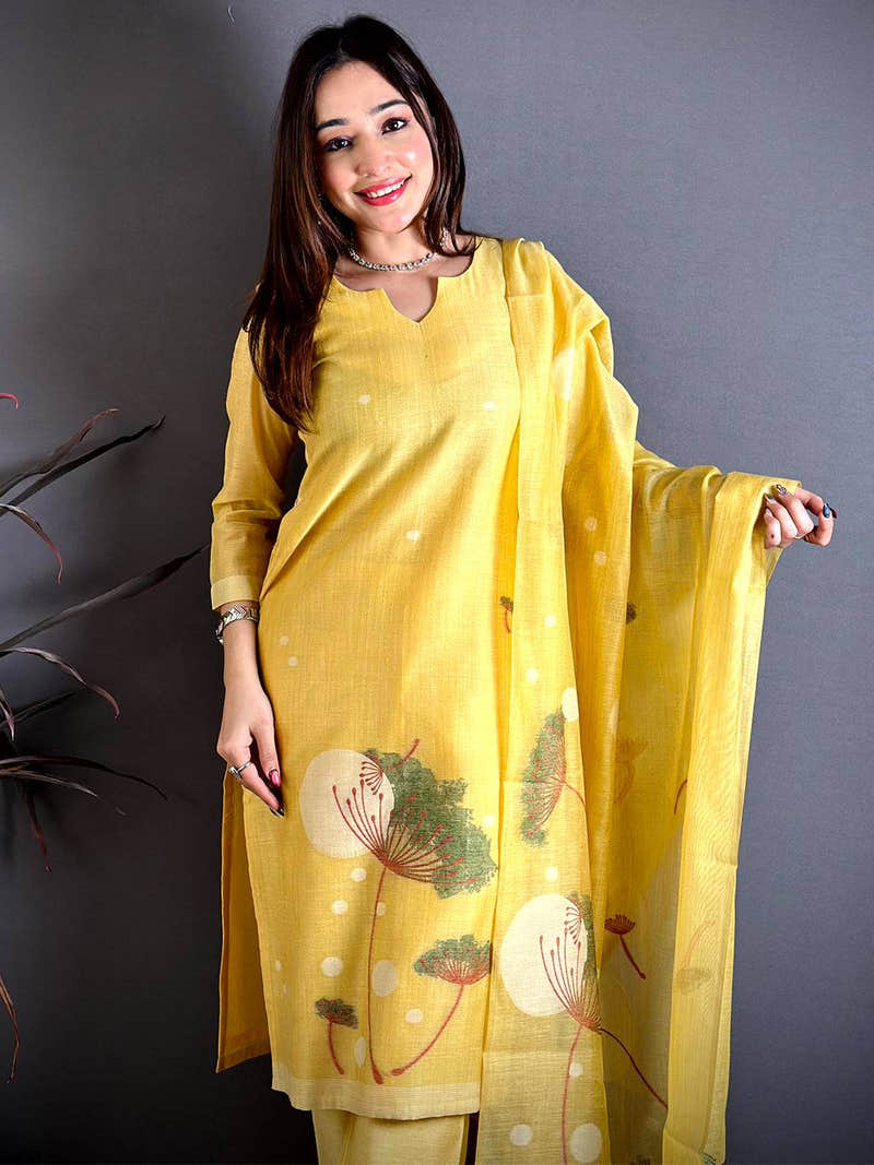 Butter Yellow Mul Cotton Floral Motif Print Dress with Cream Dots