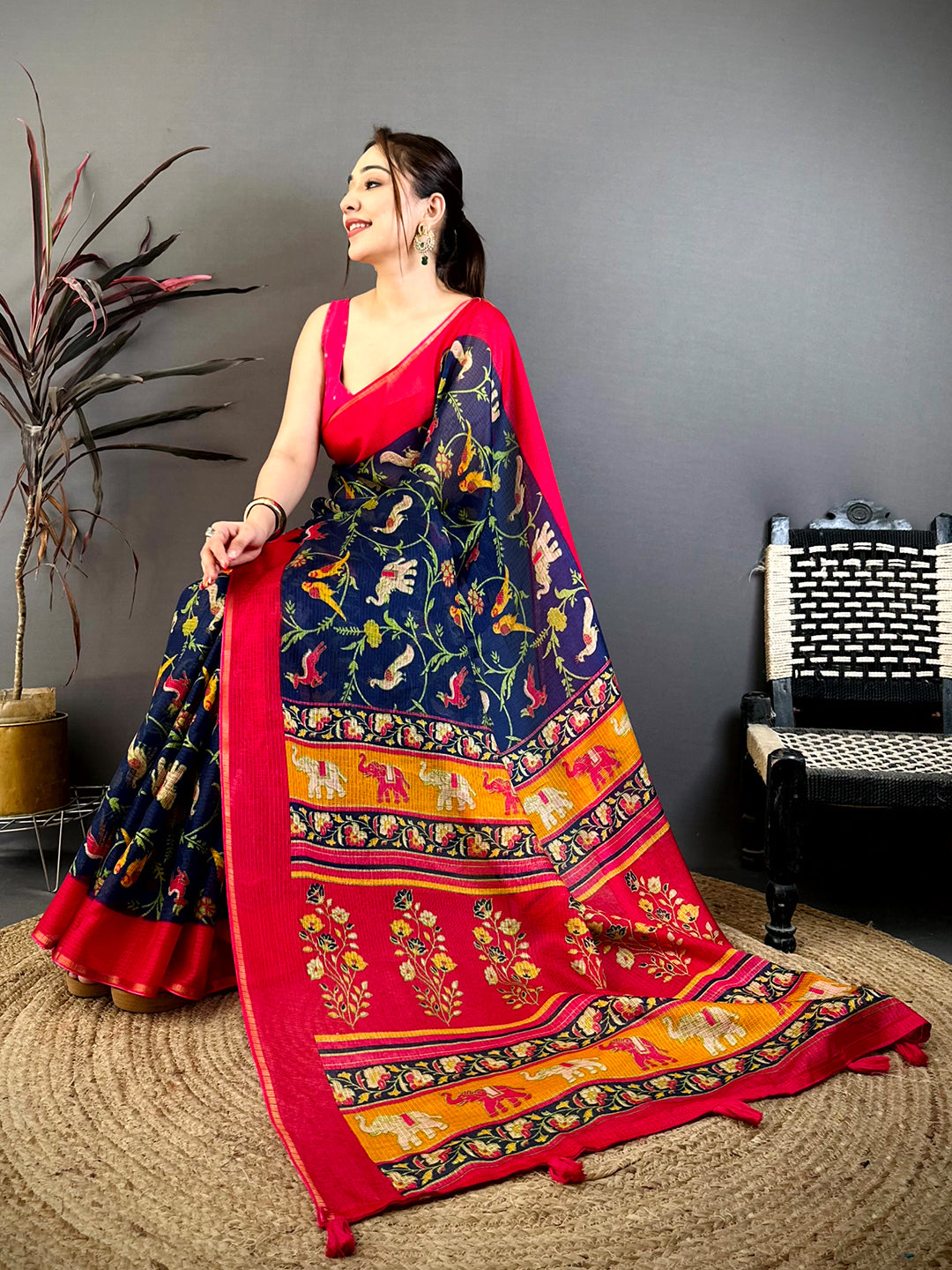 Navy Kota Doriya Block Print Saree