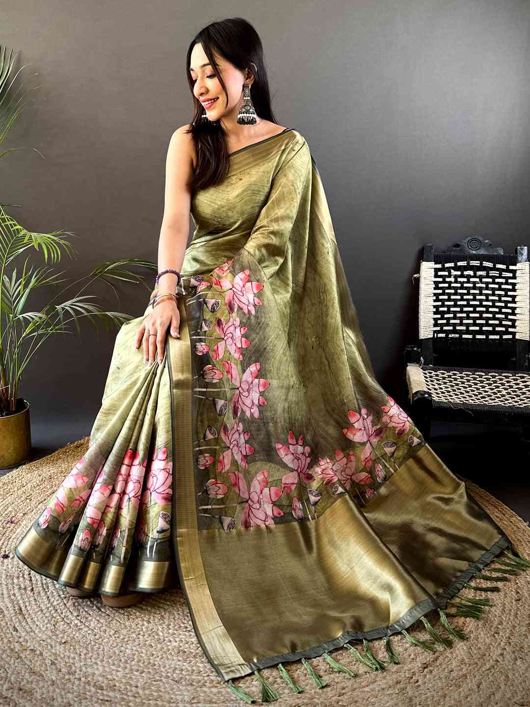 Olive Floral Grace Soft Silk Tissue Saree