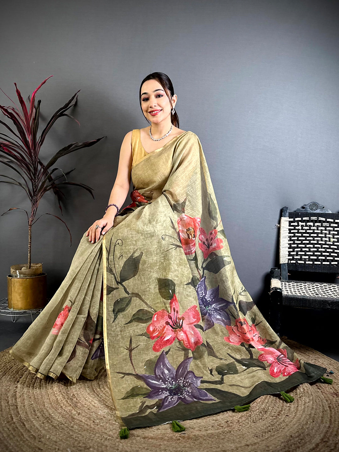 Regal Kalamkari Linen Chanderi Saree