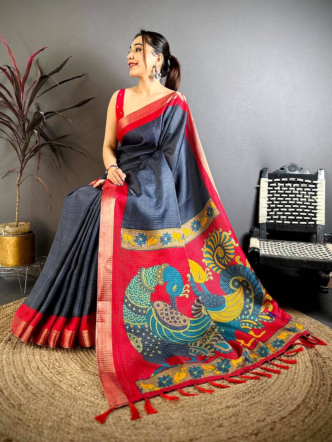 Navy Tussar Zari Chex Kalamkari Saree
