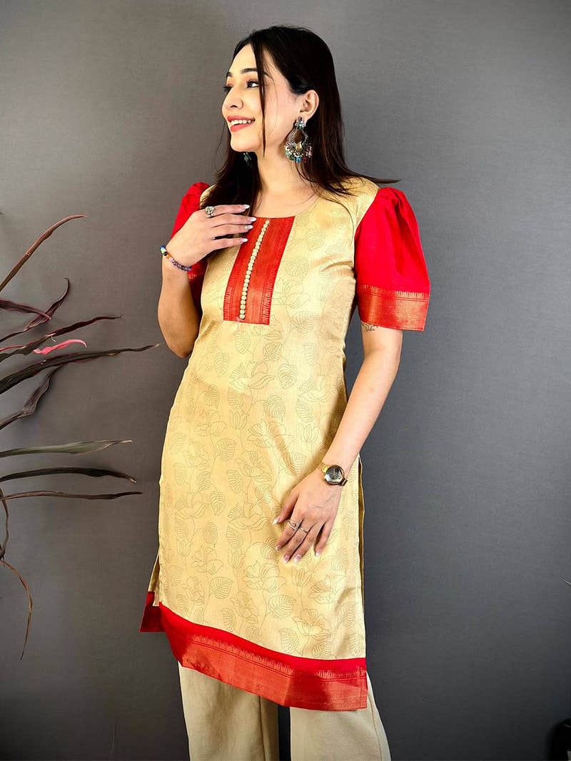 Cream Kota Doriya Dotted Leaf Print Dress with Red Border