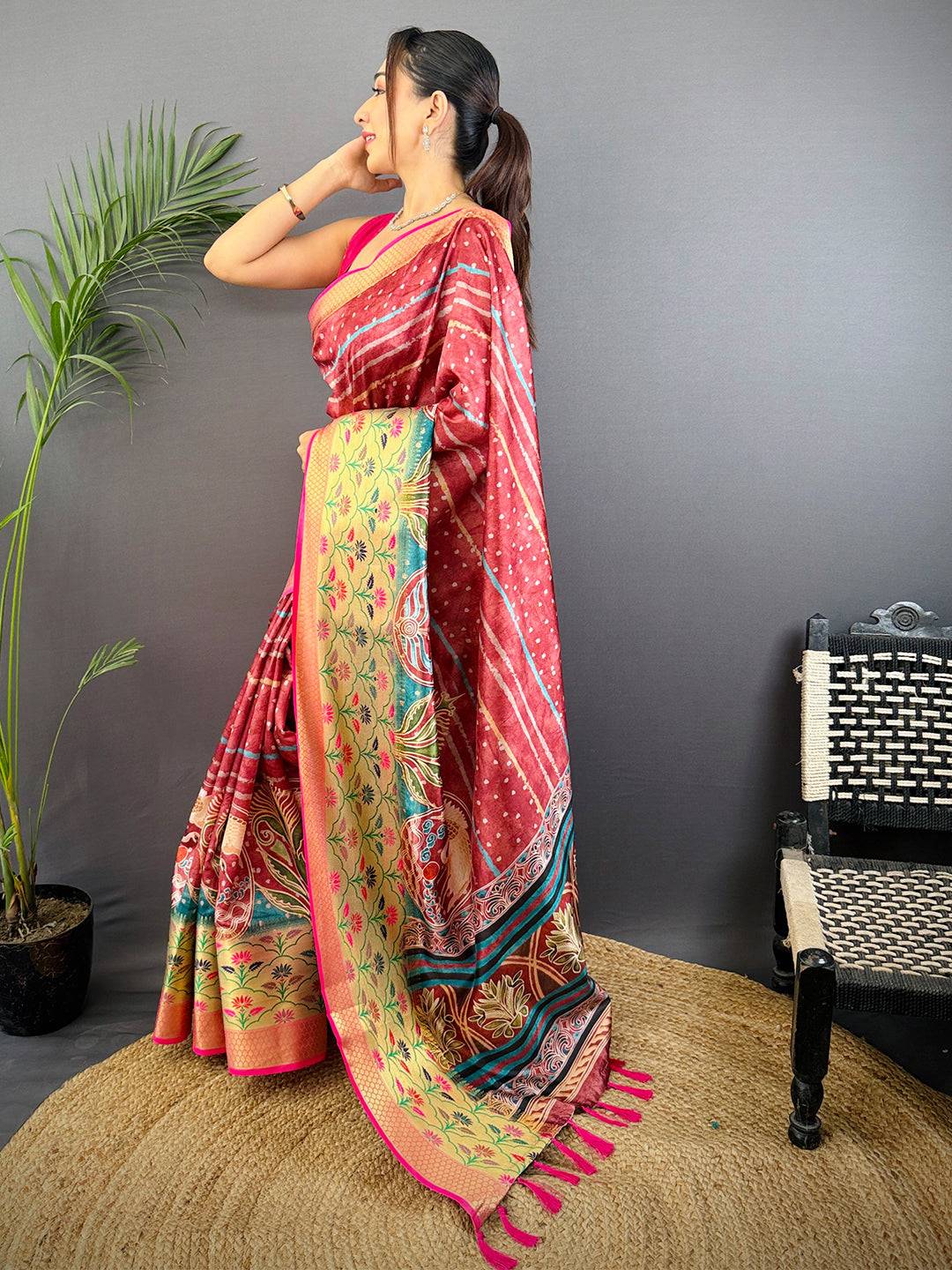 Maroon Freehand Digital Print Soft Silk Saree