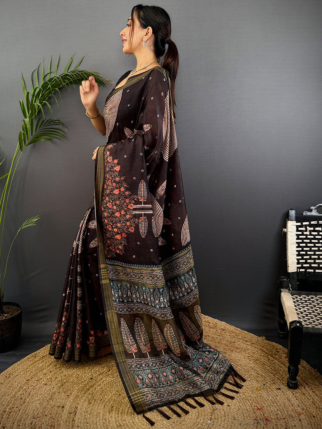 Deep Brown Linen Ajarak Print Saree