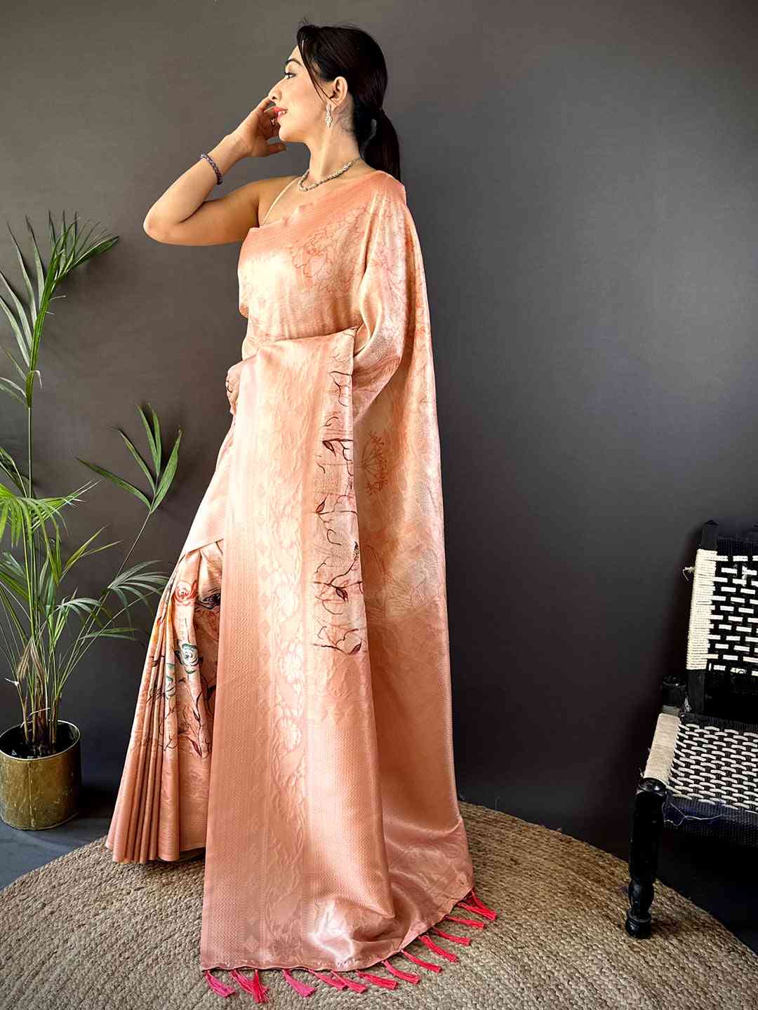Salmon Pink Kanjivaram Digital Silk Saree