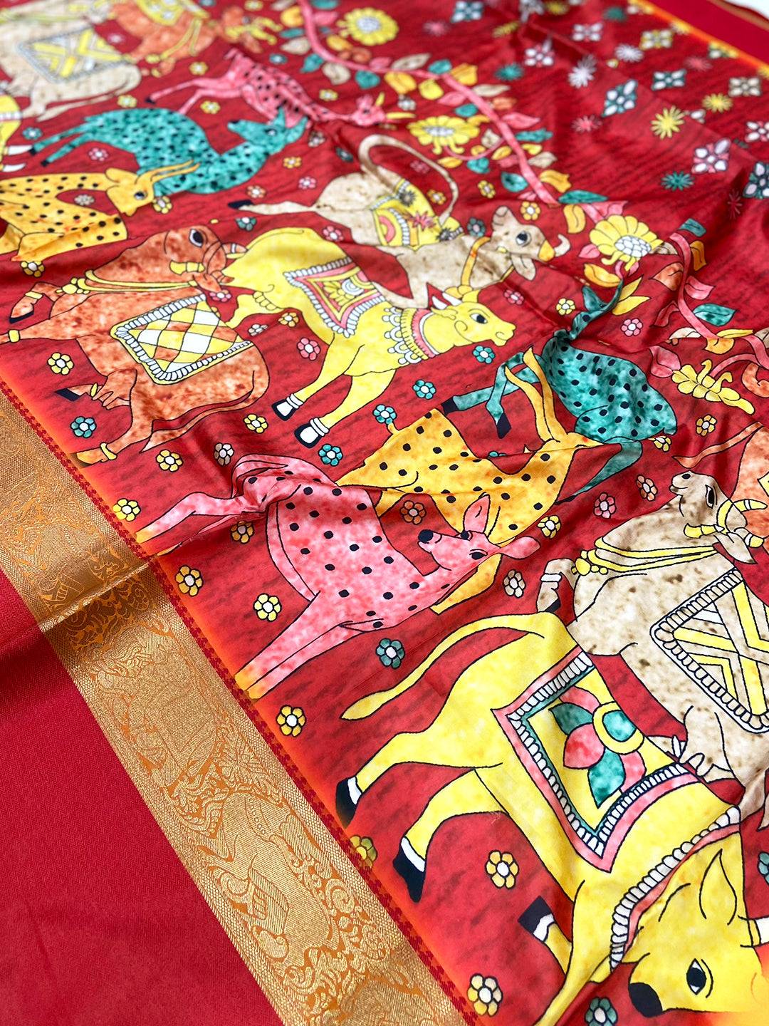 Deep Red Banarasi Kalamkari Silk Saree