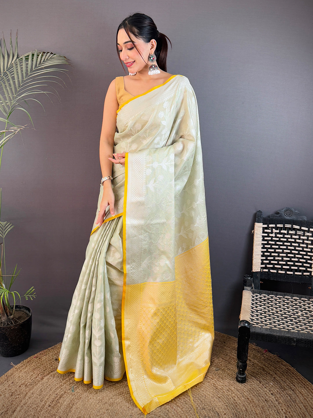 Pastel Sage Green Kota Kora Meenakari Saree
