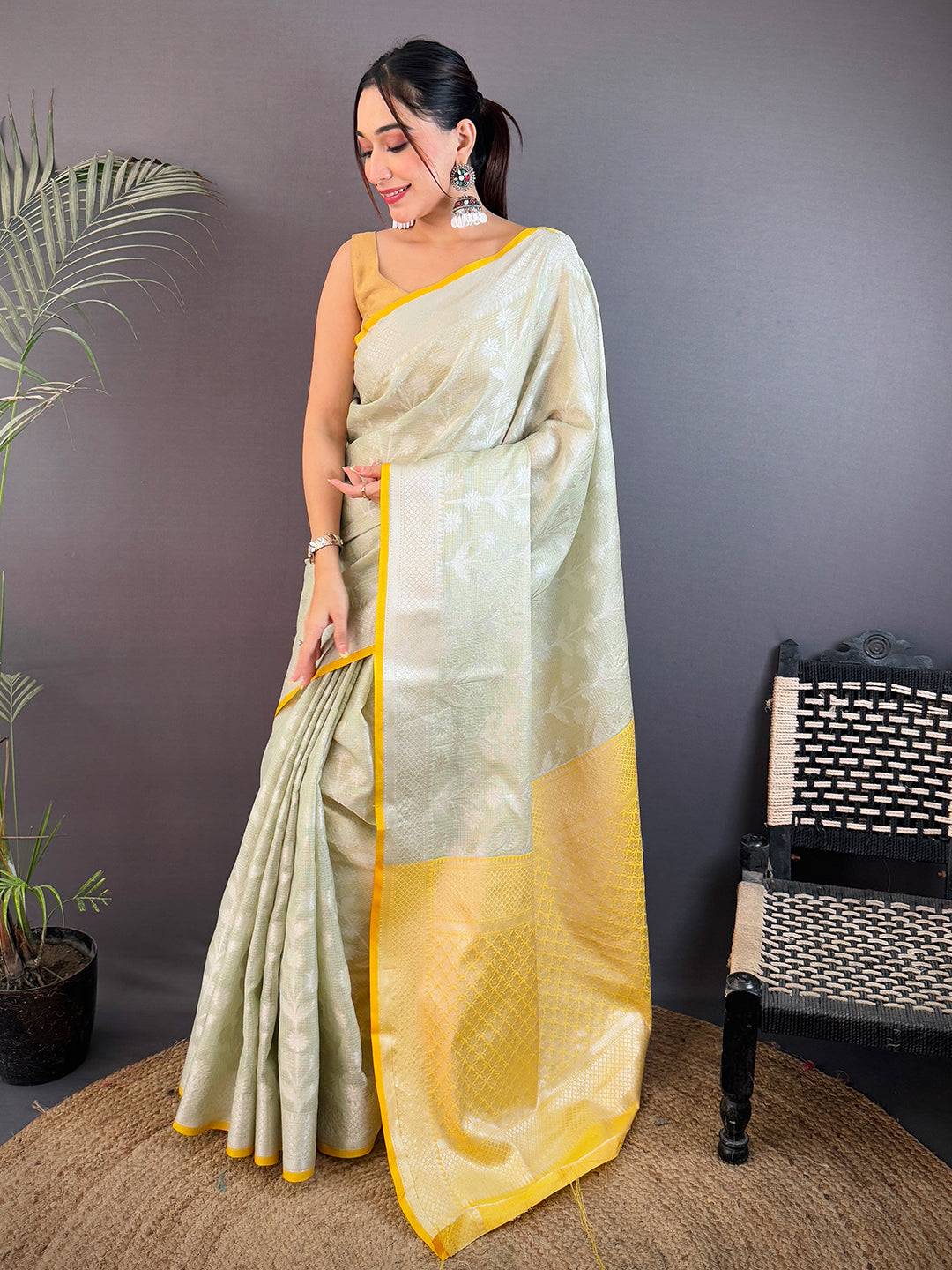 Pastel Sage Green Kota Kora Meenakari Saree