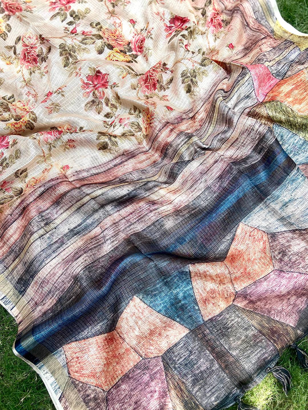 Soft Kota Doriya Silk Saree With Flower & abstect Prints