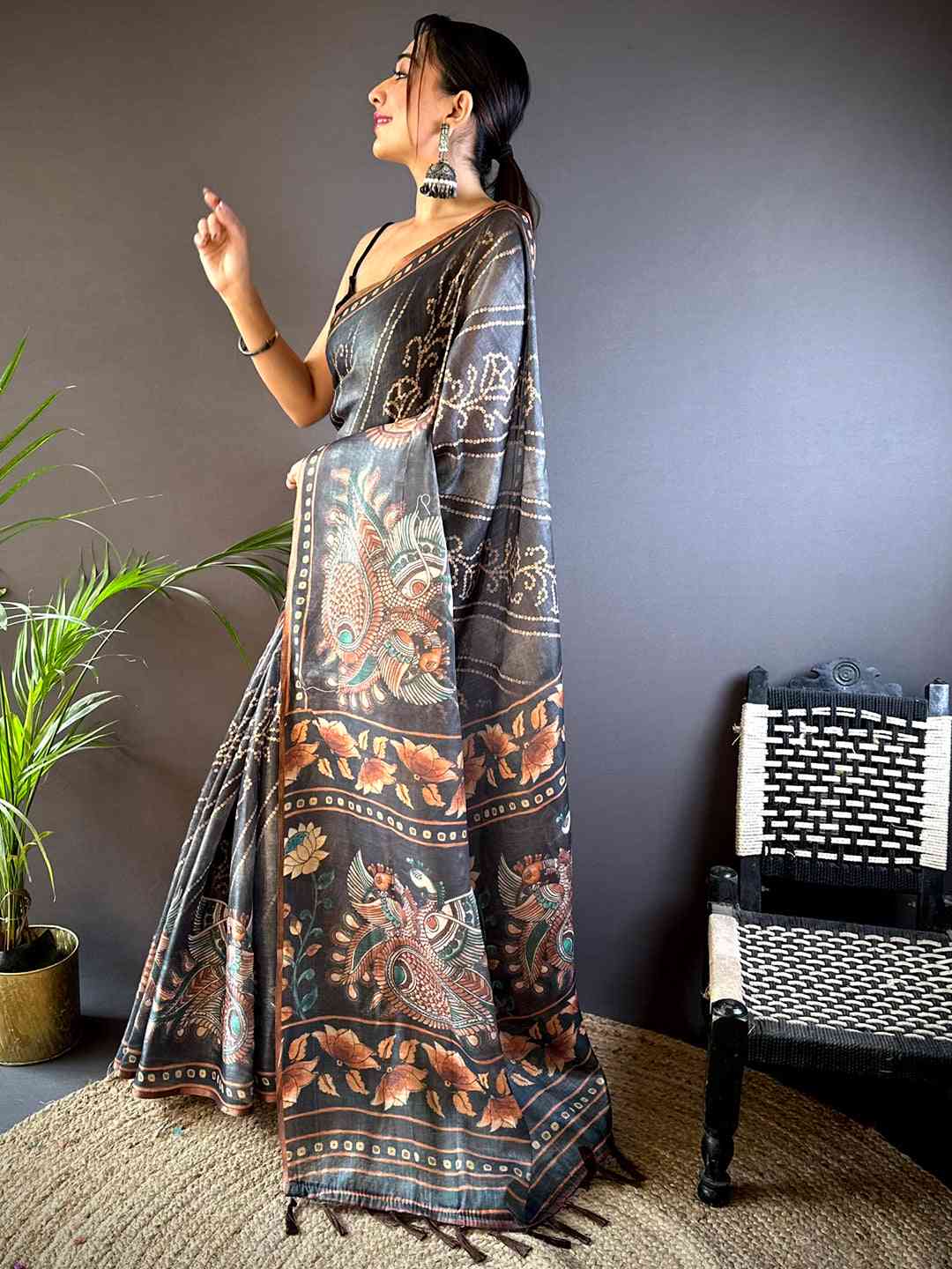 Grey Chanderi Bandhej Digital Print Saree
