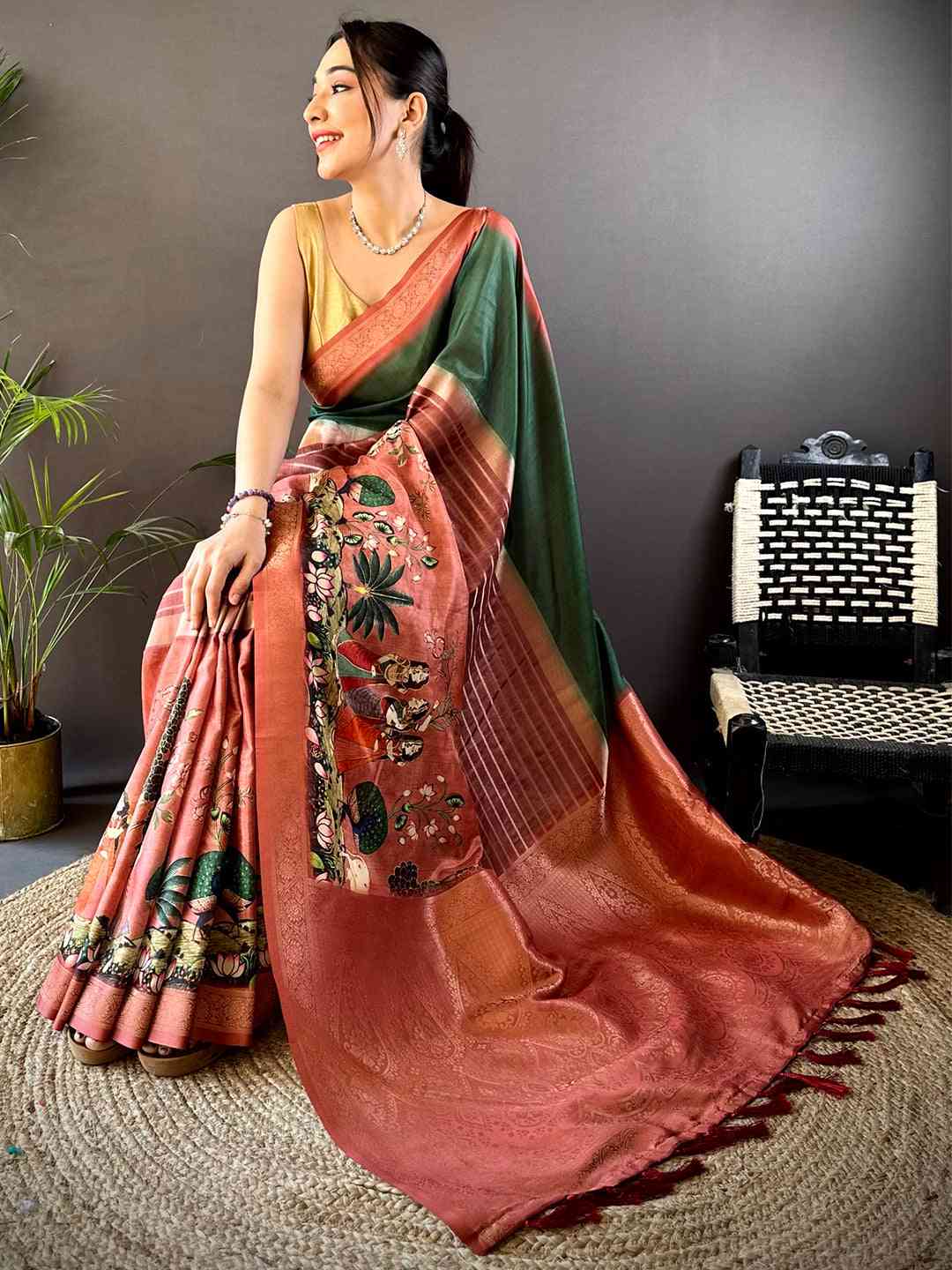 Dark Green Kalamkari Ombre Soft Silk Saree