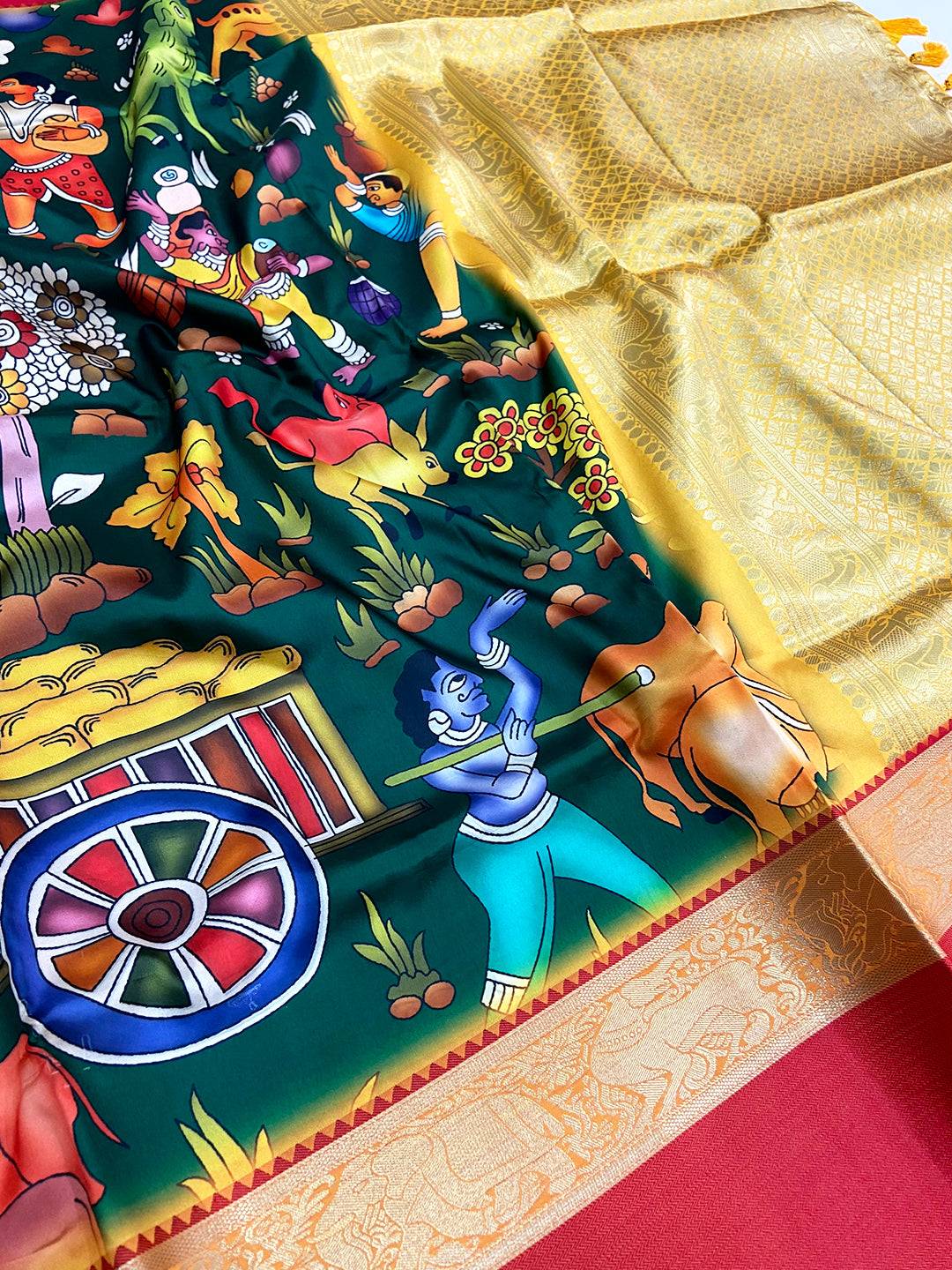 Dark Green Banarasi Kalamkari Silk Saree
