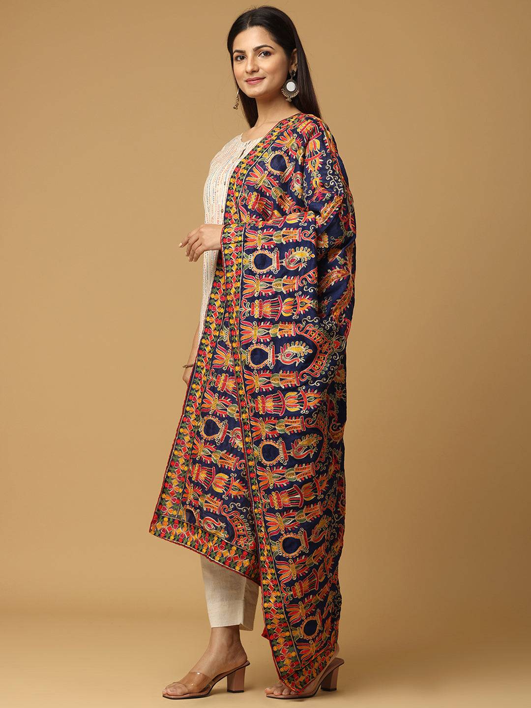 Side view of navy pashmina dupatta with vibrant patterns