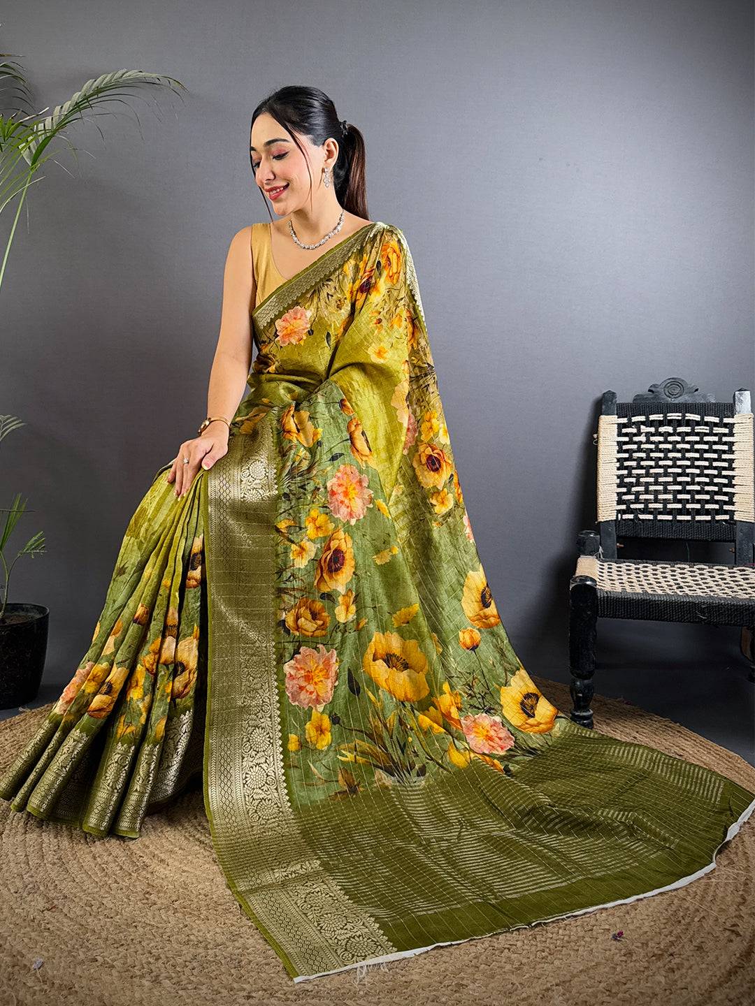 Artistic Olive Green Viscose Floral Saree