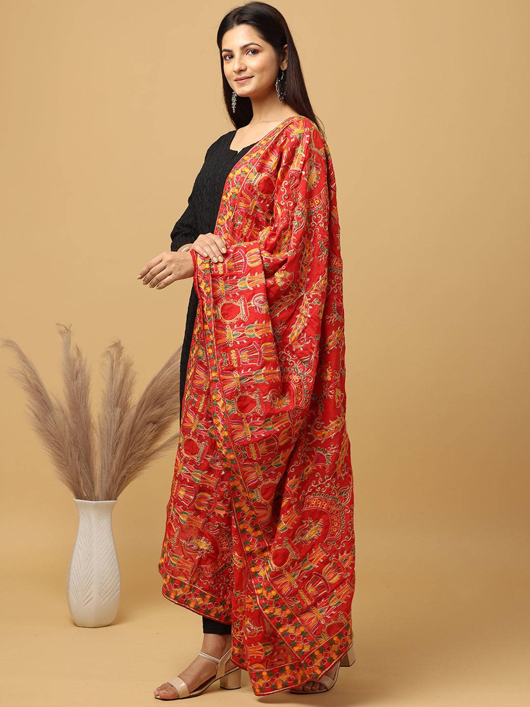Side view of Red Poly Chiffon Pashmina Dupatta