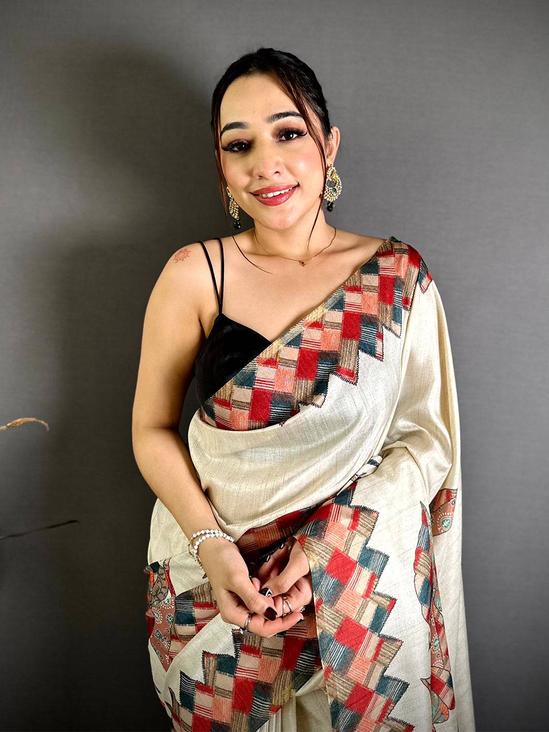 Classic Digital Applique Print Tussar Saree