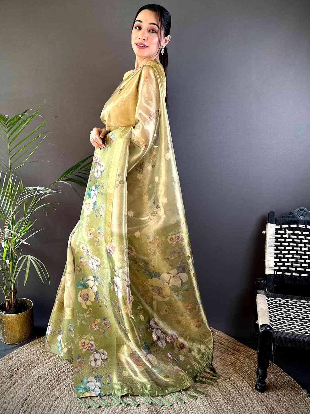 Pista Tissue Digital Floral Saree