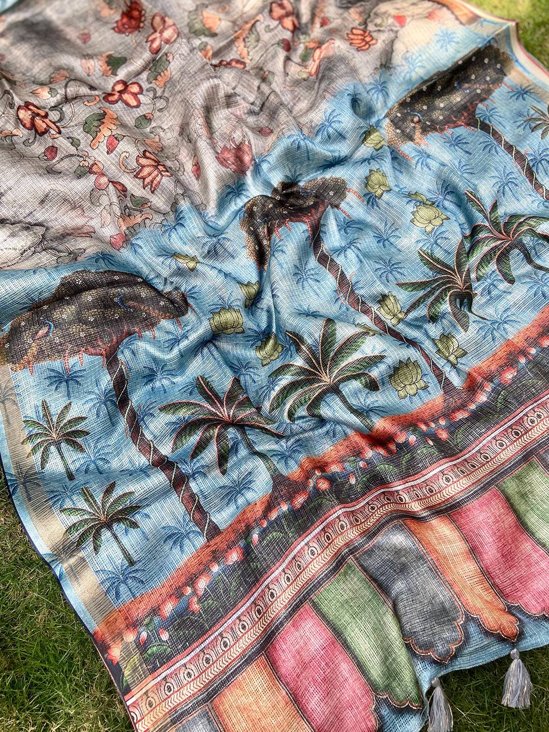 Detailed view of grey Kota Doriya silk saree with floral patterns
