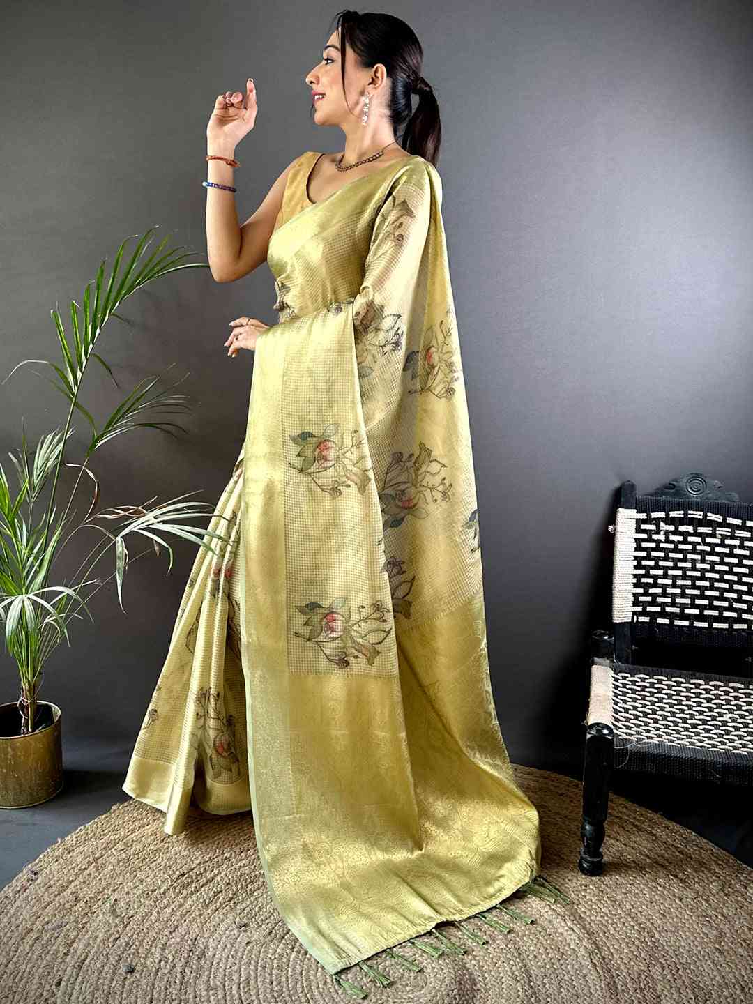 Stylish Olive Self Gold Zari Floral Print Saree