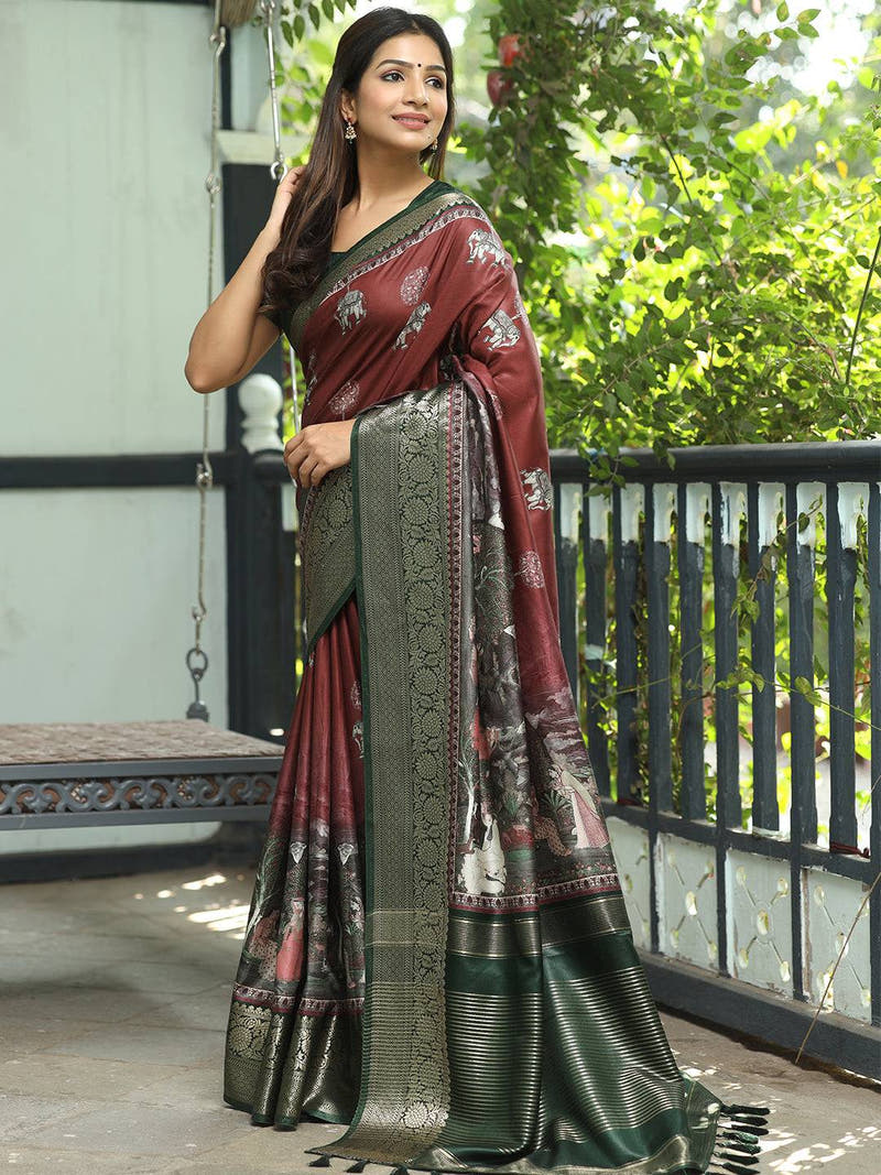 Maroon Ajrak Block & Hand Kalamkari Print Pure Viscose Saree