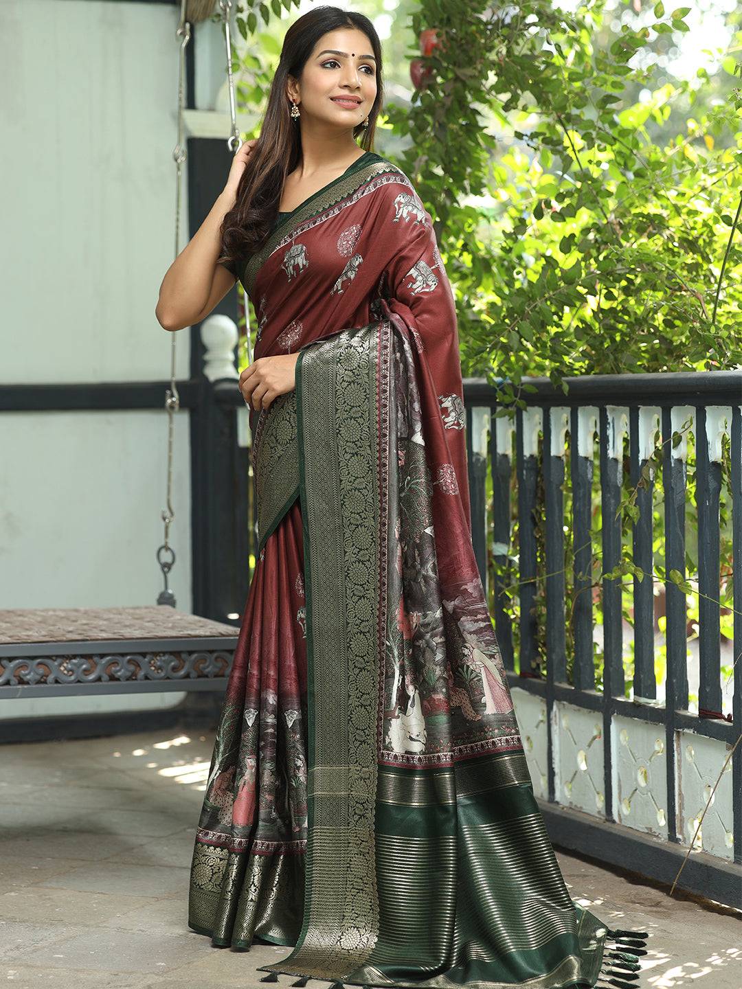 Maroon Ajrak Block & Hand Kalamkari Print Pure Viscose Saree