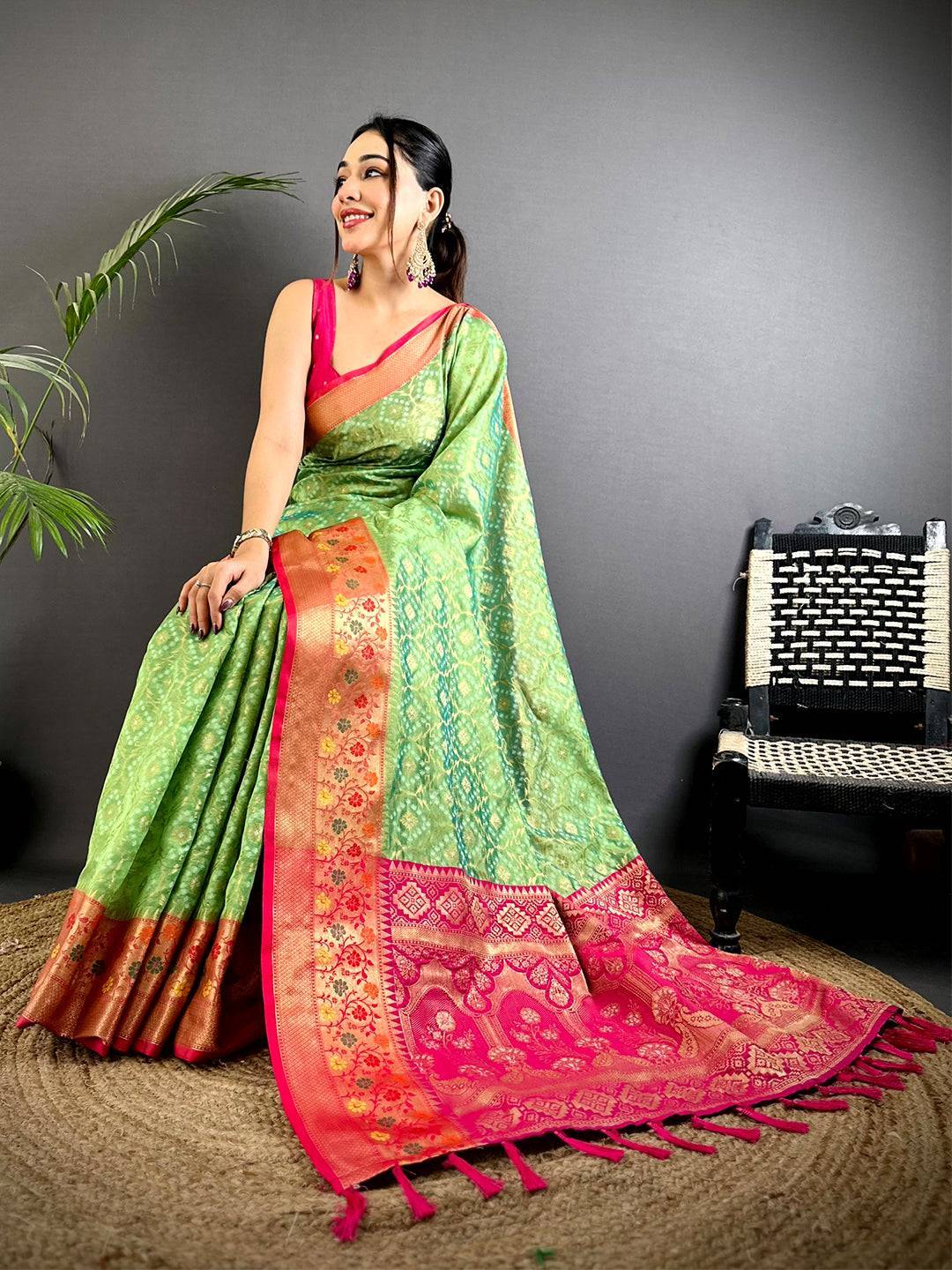Green Banarasi Minakari Katan Silk Saree