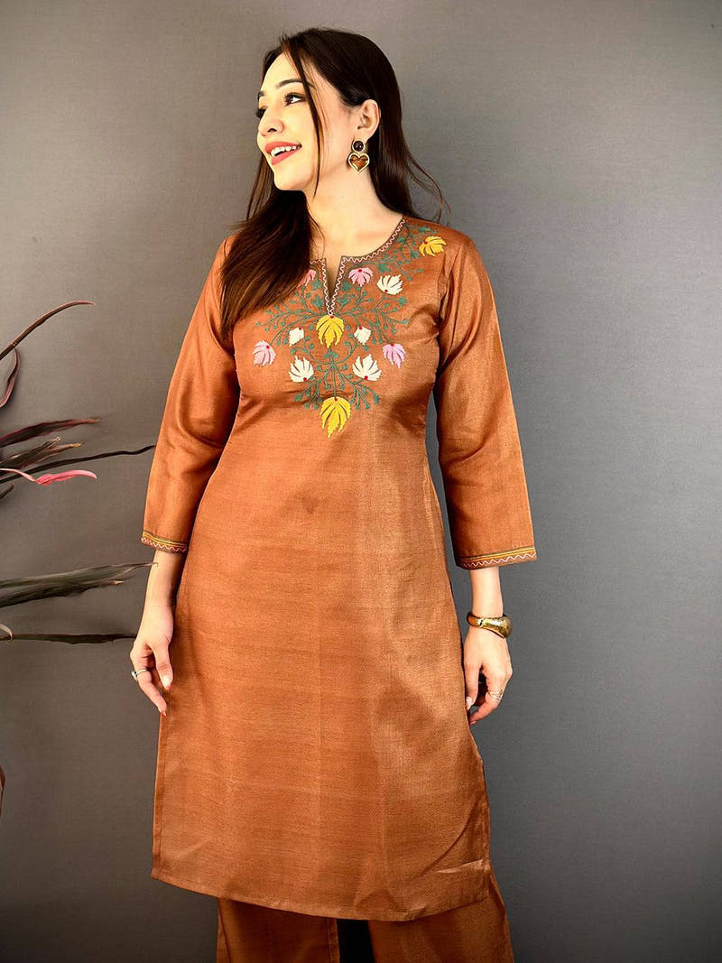 Brown Ari Work Cotton Zari Kurti