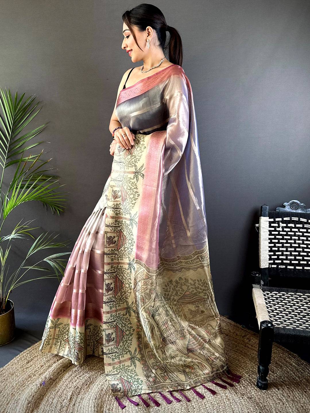 Pink Tissue Madhubani Print Saree