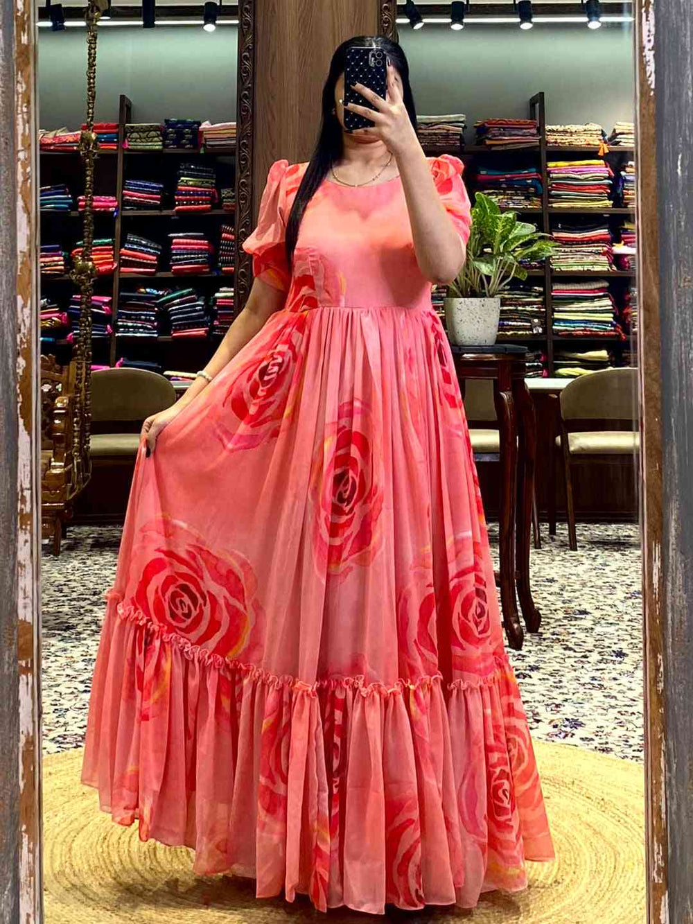 Coral Floral Georgette Dress