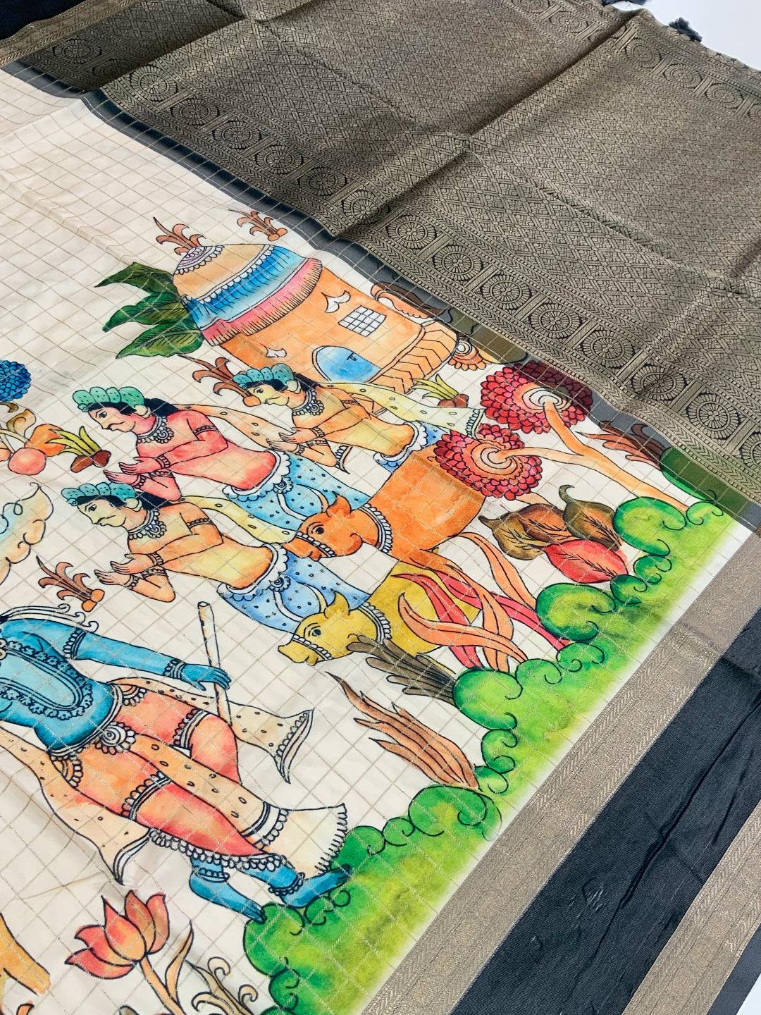 Vibrant Kalamkari Satin Bentex Gadwal Saree